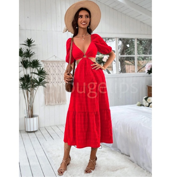 Red Midi Dress Backless Lace Up Puff Sleeve Flared Ruffle Hem V-Neck - Picture 6 of 9